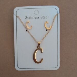 Gold Initial 'C' Necklace and Earring Stainless Steel Set